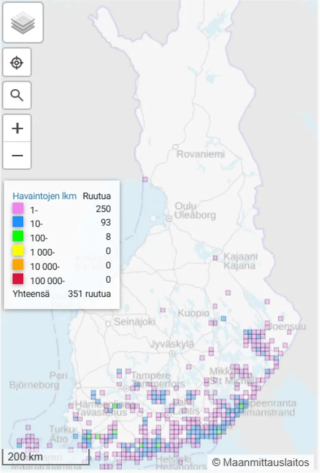 Peltovirnaperhosen levinneisyys