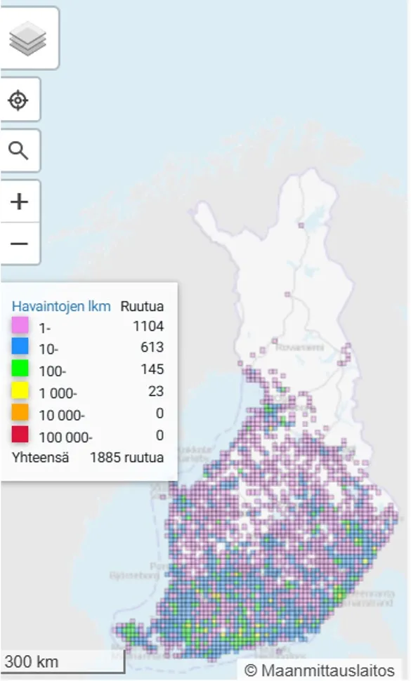 Tesmaperhosen levinneisyys