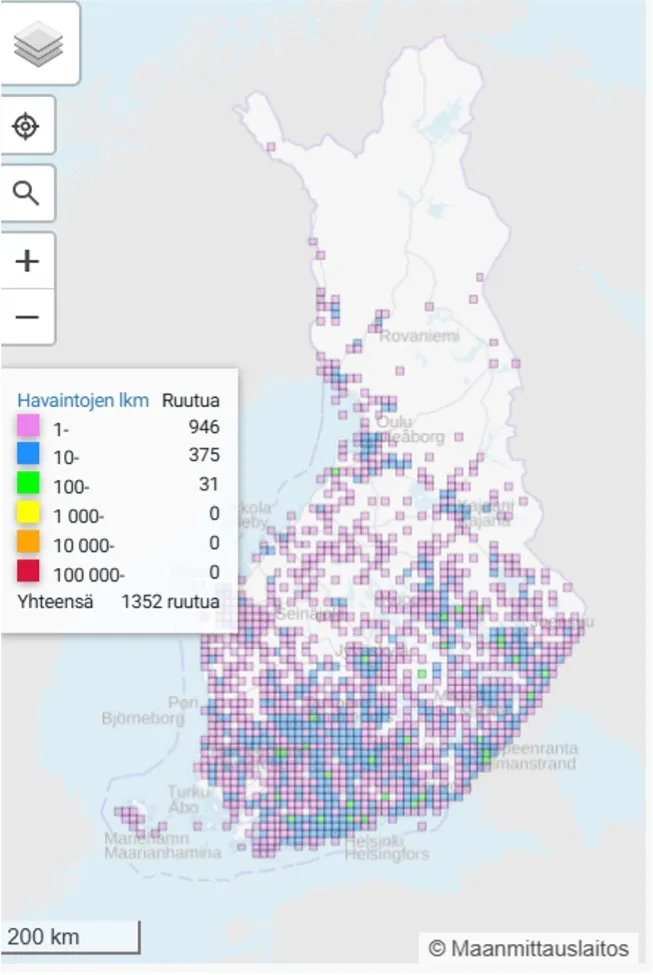 Mustetäplähiipijän levinneisyys